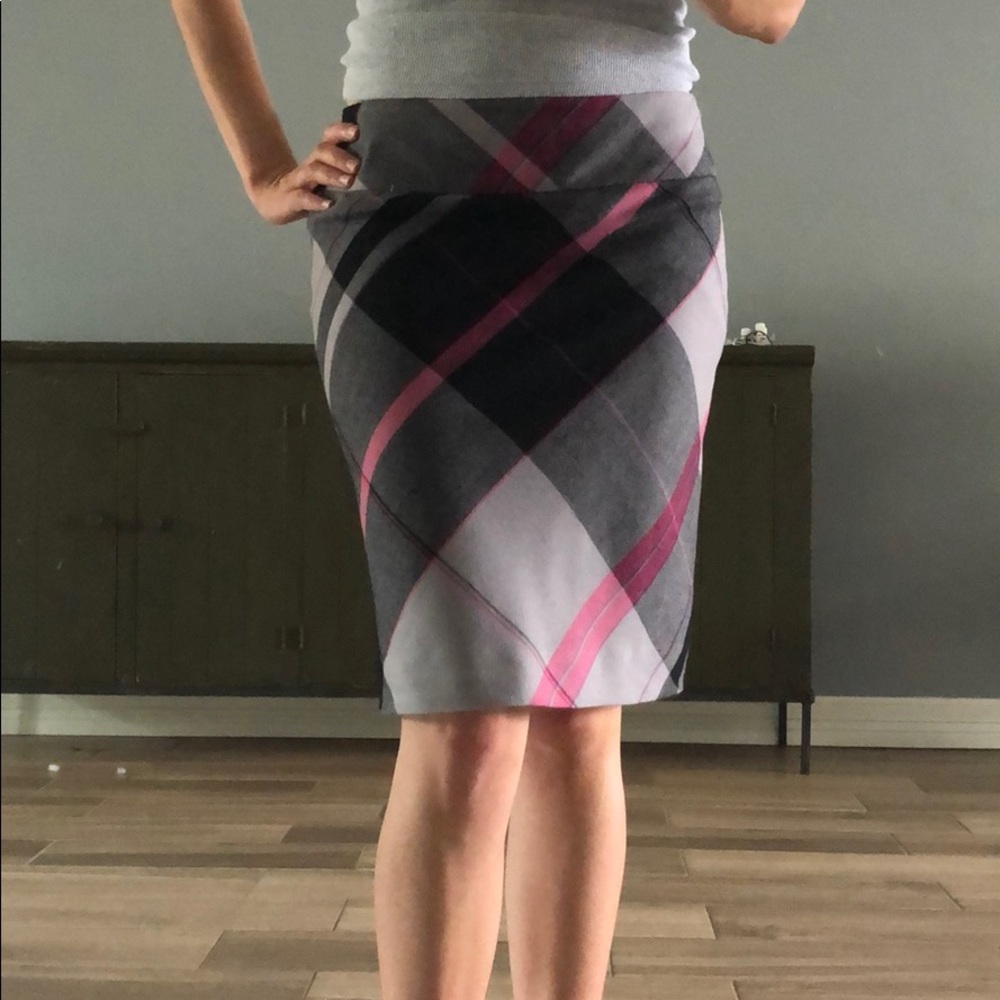 Gray, Pink & Black Wool Plaid Skirt
